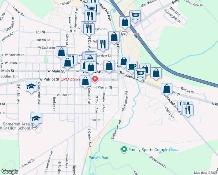 map of restaurants, bars, coffee shops, grocery stores, and more near 226 East Church Street in Somerset