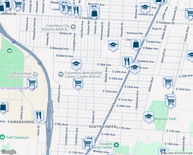 map of restaurants, bars, coffee shops, grocery stores, and more near 1189 East 24th Avenue in Columbus