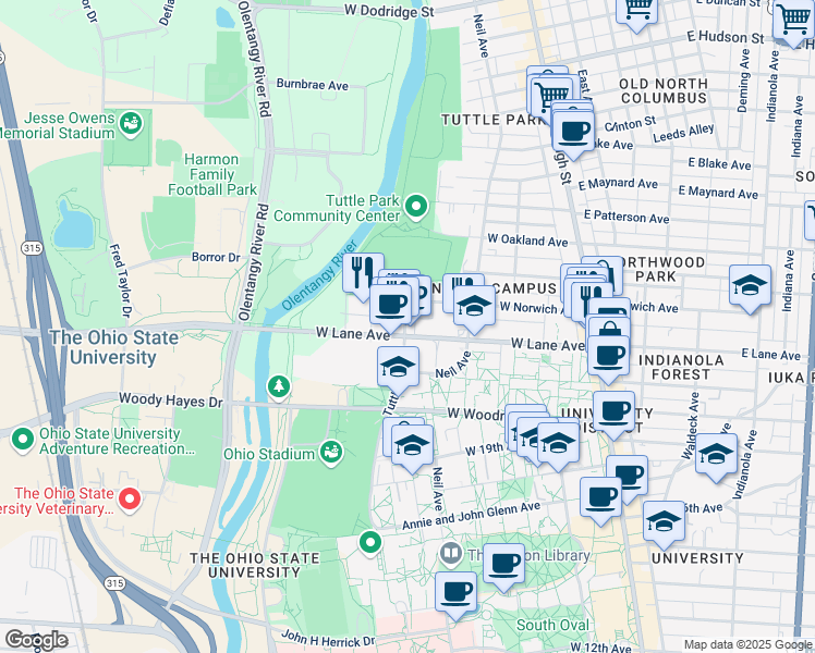 map of restaurants, bars, coffee shops, grocery stores, and more near 248 West Lane Avenue in Columbus