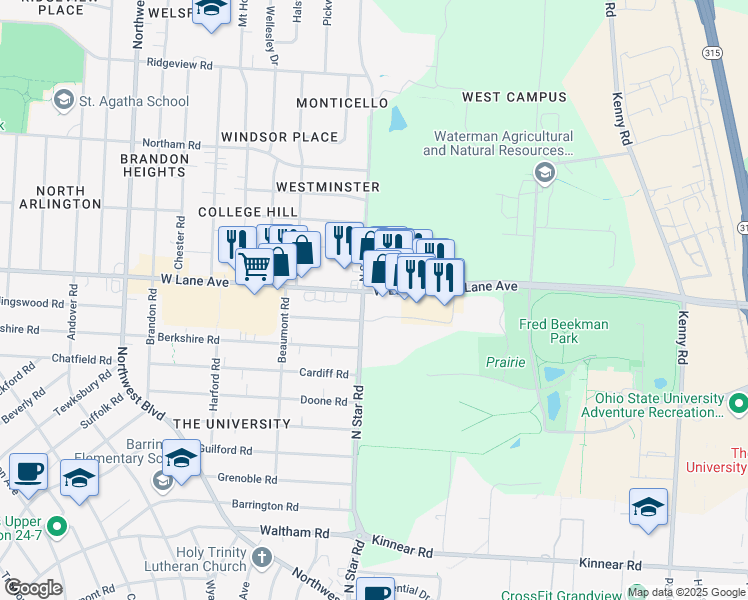 map of restaurants, bars, coffee shops, grocery stores, and more near 1397 West Lane Avenue in Columbus