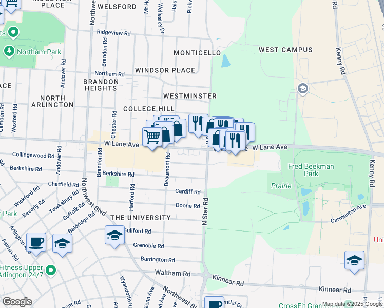 map of restaurants, bars, coffee shops, grocery stores, and more near 1445-1459 West Lane Avenue in Upper Arlington