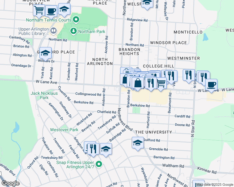 map of restaurants, bars, coffee shops, grocery stores, and more near 2442 Northwest Boulevard in Upper Arlington