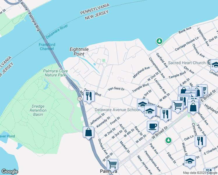map of restaurants, bars, coffee shops, grocery stores, and more near 329 Van Sant Drive in Palmyra