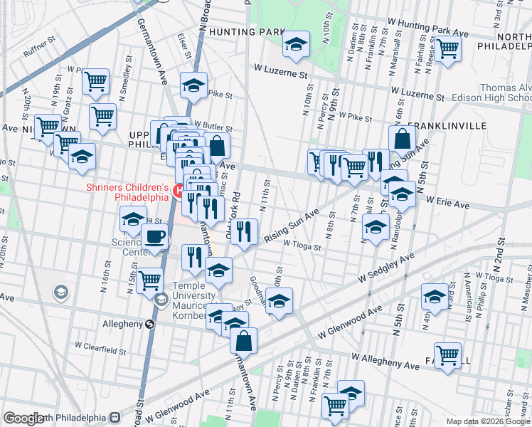 map of restaurants, bars, coffee shops, grocery stores, and more near 3553 North Warnock Street in Philadelphia