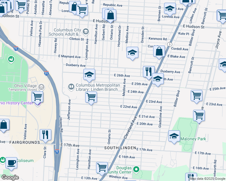 map of restaurants, bars, coffee shops, grocery stores, and more near 1189 East 24th Avenue in Columbus