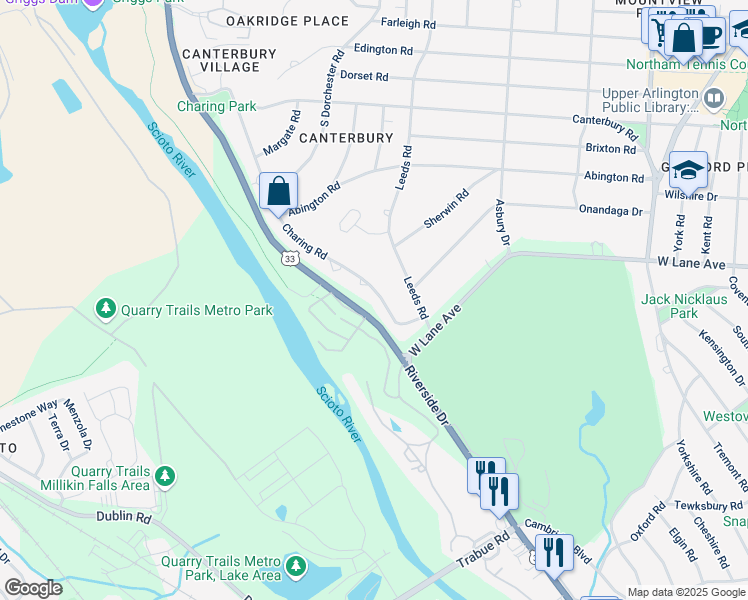 map of restaurants, bars, coffee shops, grocery stores, and more near 2560 Riverside Drive in Columbus