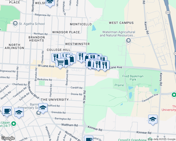 map of restaurants, bars, coffee shops, grocery stores, and more near 1397 West Lane Avenue in Columbus