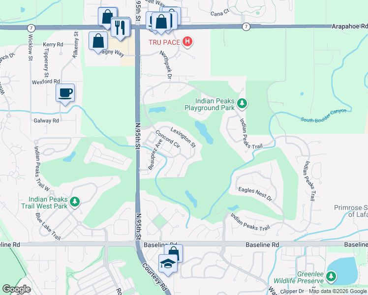 map of restaurants, bars, coffee shops, grocery stores, and more near 2505 Concord Circle in Lafayette