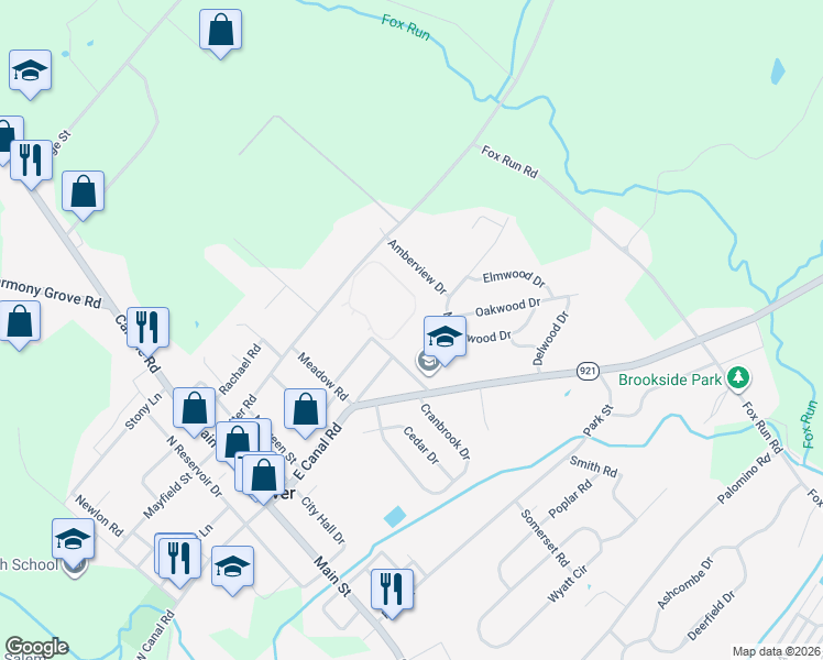 map of restaurants, bars, coffee shops, grocery stores, and more near 109 East Canal Road in Dover