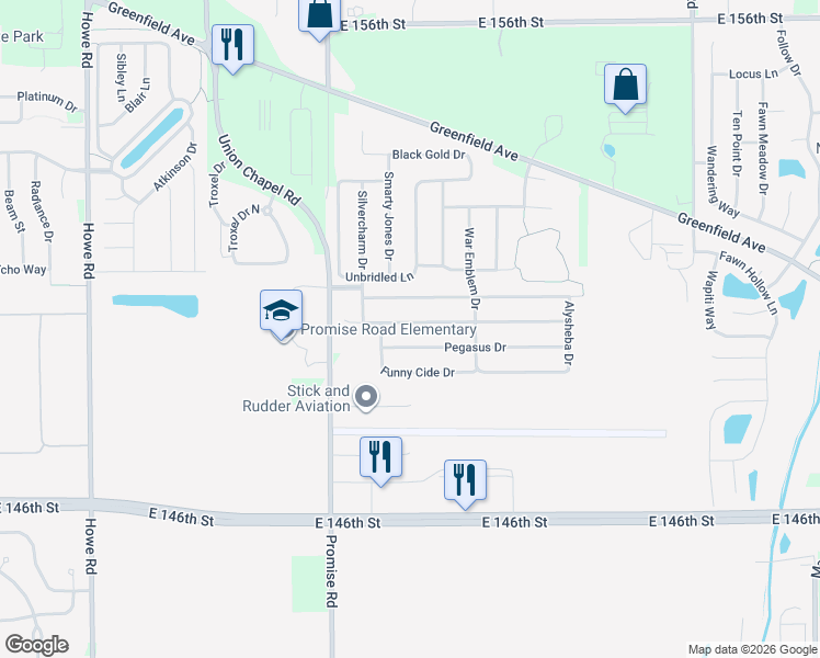 map of restaurants, bars, coffee shops, grocery stores, and more near 11223 Lucky Dan Drive in Noblesville