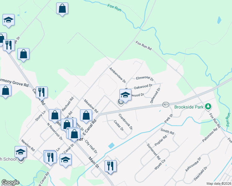 map of restaurants, bars, coffee shops, grocery stores, and more near 109 East Canal Road in Dover
