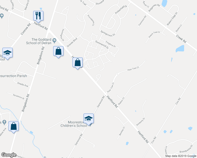 map of restaurants, bars, coffee shops, grocery stores, and more near Millers Run in Delran