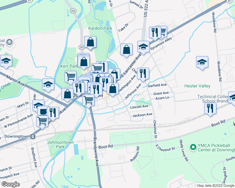 map of restaurants, bars, coffee shops, grocery stores, and more near 6 Cherry Street in Downingtown