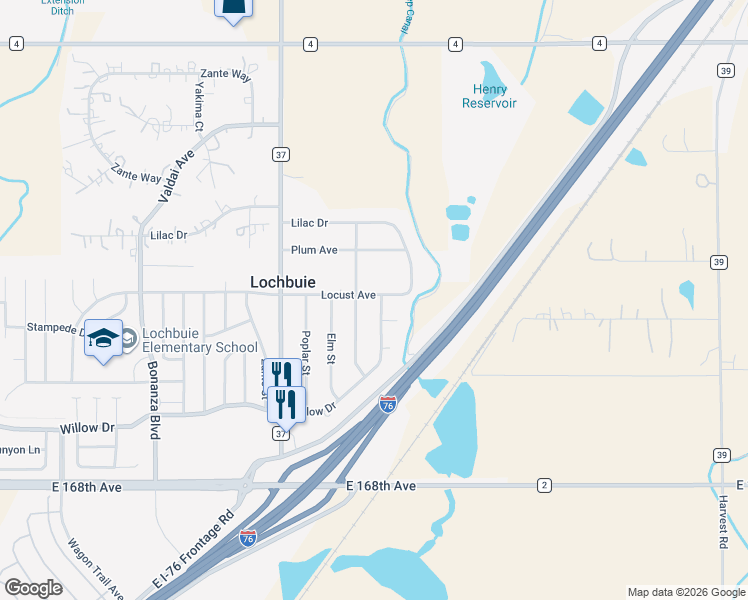 map of restaurants, bars, coffee shops, grocery stores, and more near 416 Willow Drive in Lochbuie