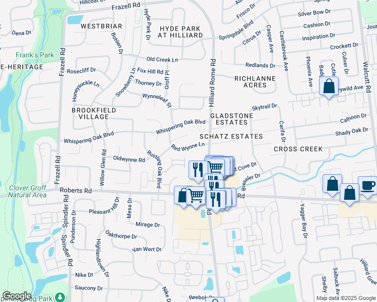 map of restaurants, bars, coffee shops, grocery stores, and more near 5385 Red Wynne Lane in Hilliard