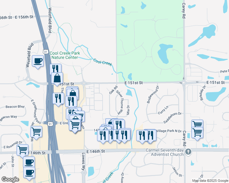 map of restaurants, bars, coffee shops, grocery stores, and more near 15017 Oak Road in Carmel