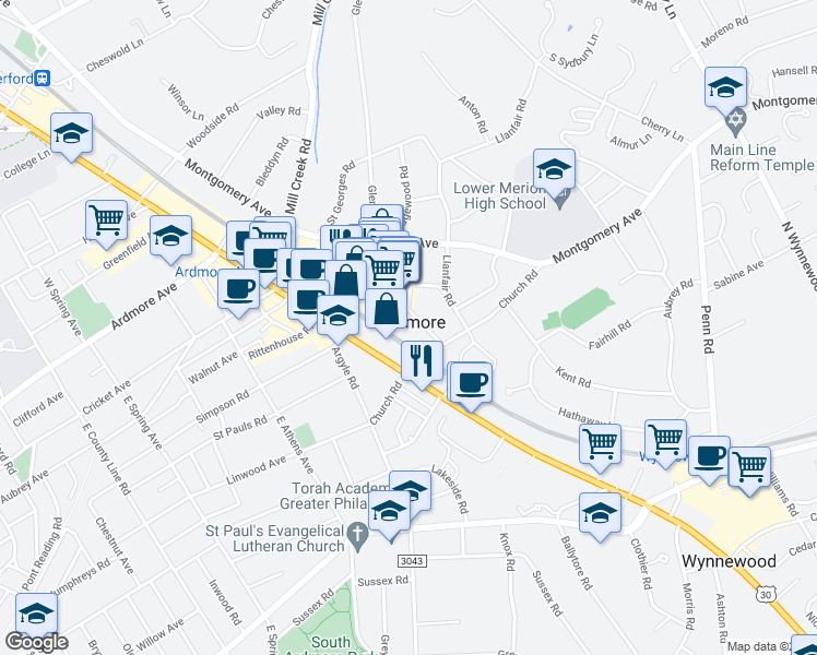 map of restaurants, bars, coffee shops, grocery stores, and more near 118 Sibley Avenue in Ardmore