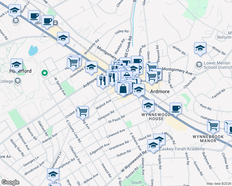 map of restaurants, bars, coffee shops, grocery stores, and more near 25 South Cricket Terrace in Ardmore