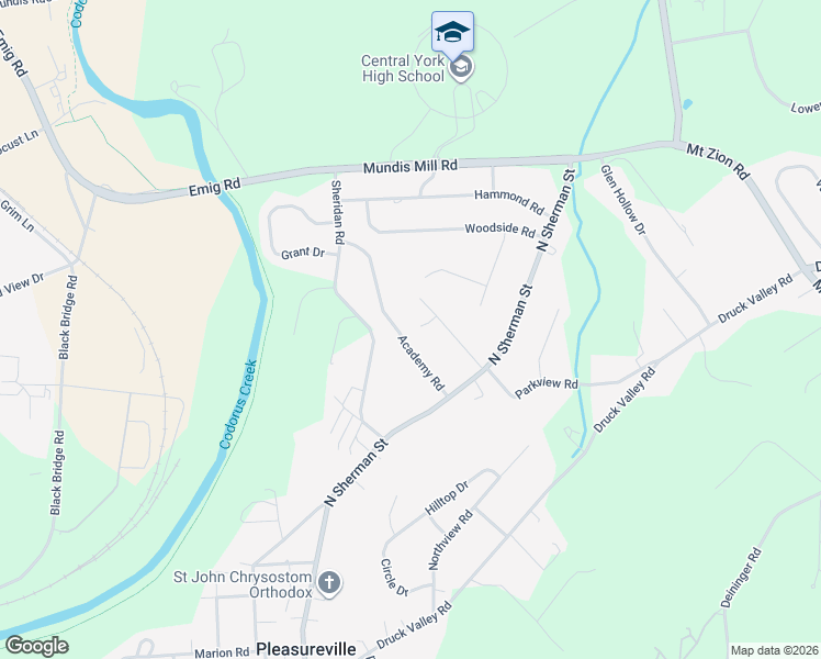 map of restaurants, bars, coffee shops, grocery stores, and more near 723 Academy Road in York