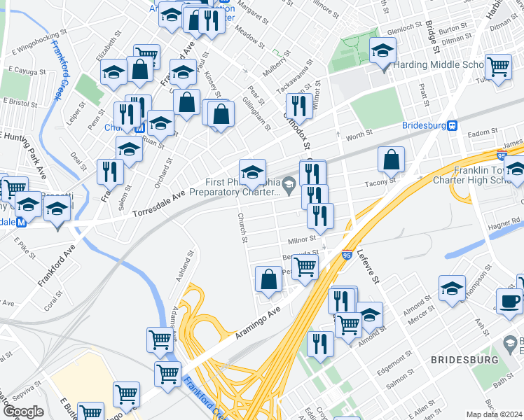 map of restaurants, bars, coffee shops, grocery stores, and more near 4341 Tacony Street in Philadelphia