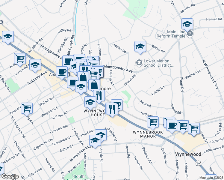 map of restaurants, bars, coffee shops, grocery stores, and more near 10 Llanfair Road in Ardmore