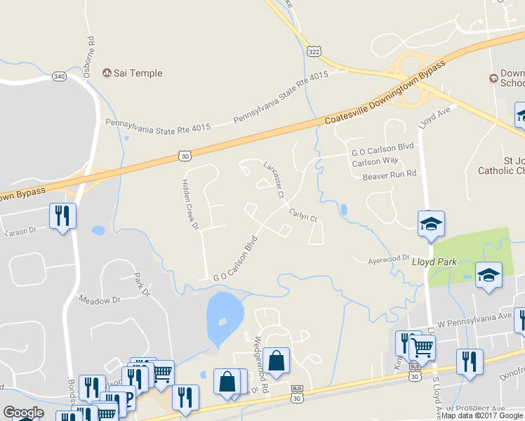 map of restaurants, bars, coffee shops, grocery stores, and more near 414 Devon Court in Downingtown