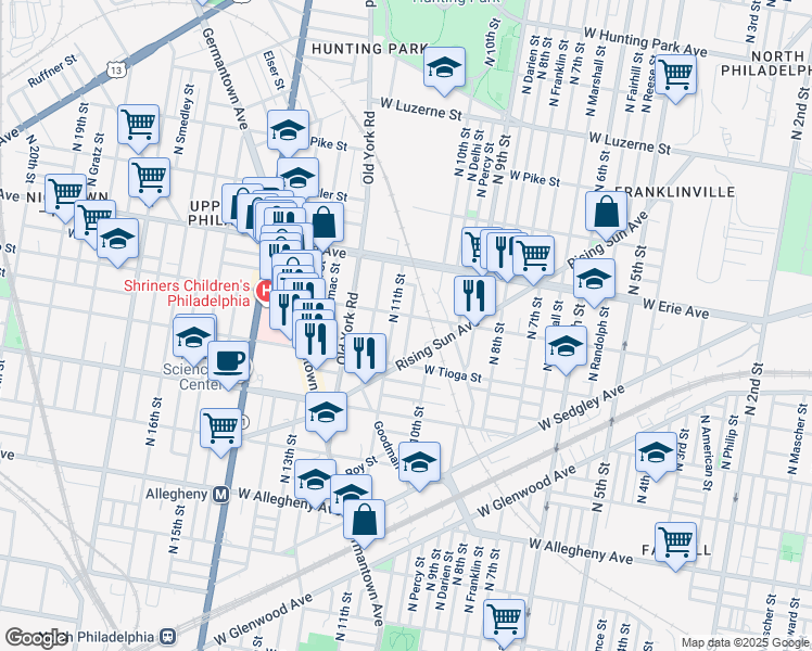 map of restaurants, bars, coffee shops, grocery stores, and more near 3556 North Warnock Street in Philadelphia
