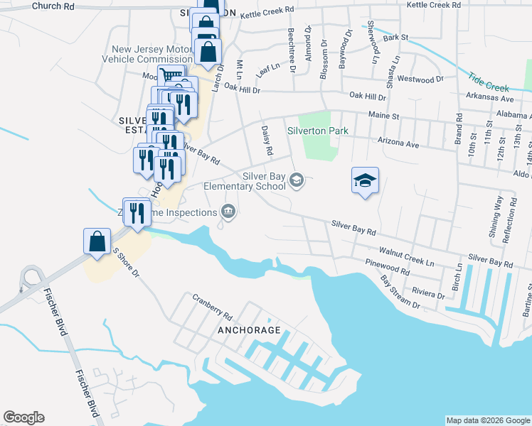 map of restaurants, bars, coffee shops, grocery stores, and more near 75 Silver Bay Road in Toms River