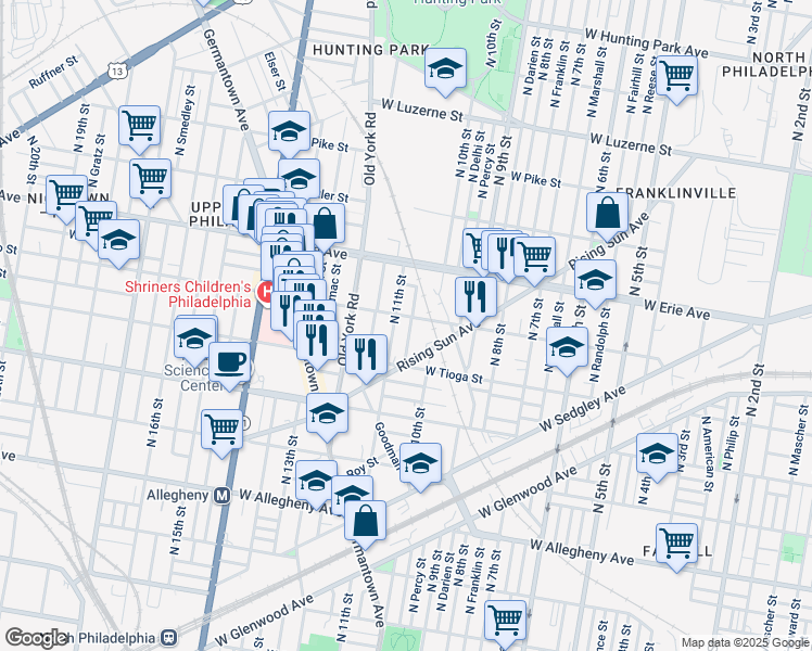 map of restaurants, bars, coffee shops, grocery stores, and more near 3556 North Warnock Street in Philadelphia