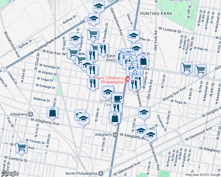 map of restaurants, bars, coffee shops, grocery stores, and more near 1507 West Tioga Street in Philadelphia
