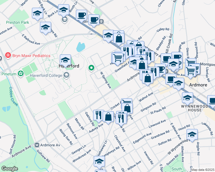 map of restaurants, bars, coffee shops, grocery stores, and more near 108 West Spring Avenue in Ardmore