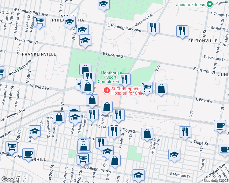 map of restaurants, bars, coffee shops, grocery stores, and more near 3601 A Street in Philadelphia