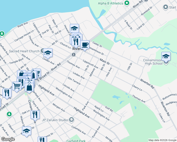 map of restaurants, bars, coffee shops, grocery stores, and more near 703 Thomas Avenue in Riverton
