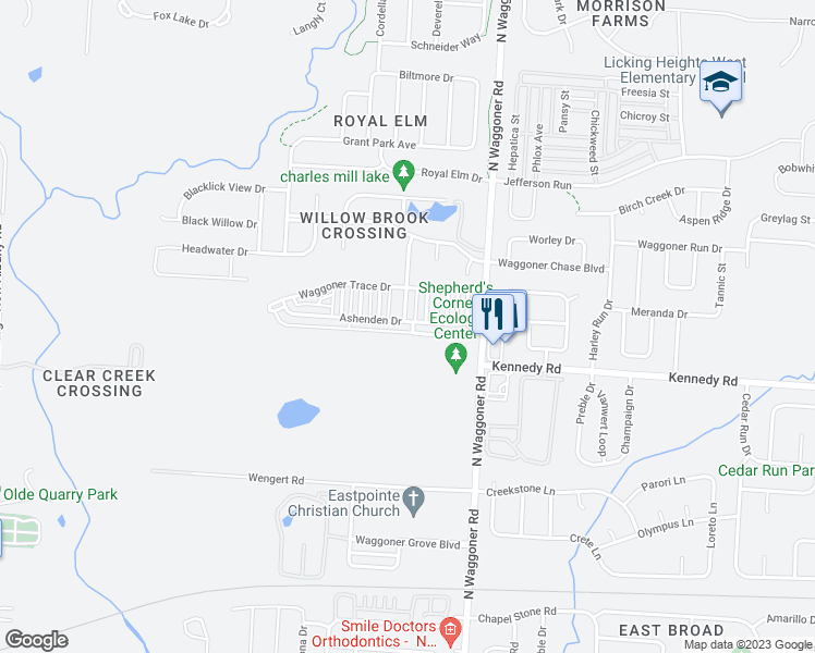 map of restaurants, bars, coffee shops, grocery stores, and more near 8003 Ashenden Drive in Blacklick
