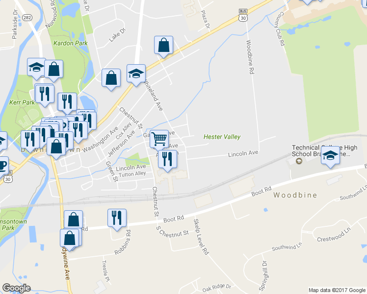 map of restaurants, bars, coffee shops, grocery stores, and more near 450 Grant Avenue in Downingtown