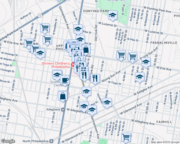 map of restaurants, bars, coffee shops, grocery stores, and more near 3532 Old York Road in Philadelphia