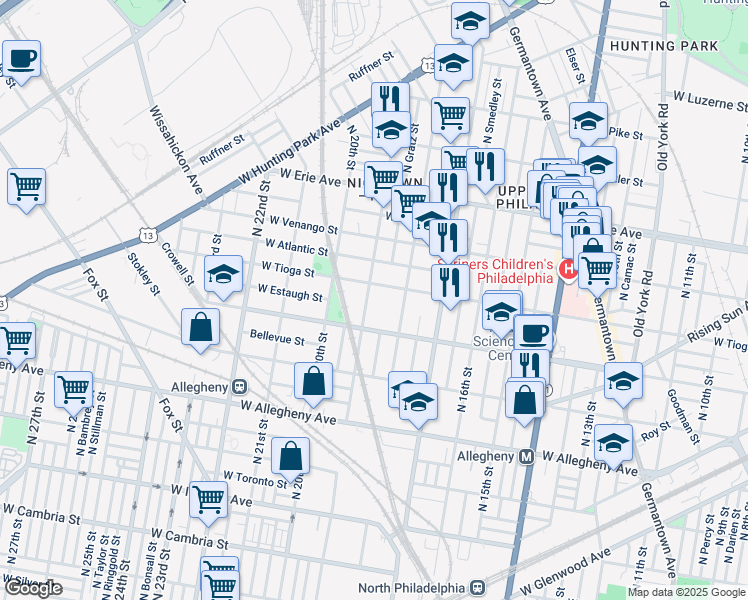 map of restaurants, bars, coffee shops, grocery stores, and more near 3433 North 19th Street in Philadelphia