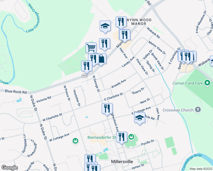 map of restaurants, bars, coffee shops, grocery stores, and more near 29 Kready Avenue in Millersville