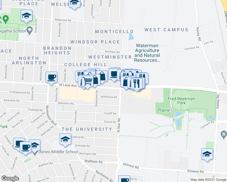 map of restaurants, bars, coffee shops, grocery stores, and more near 1445-1459 West Lane Avenue in Upper Arlington