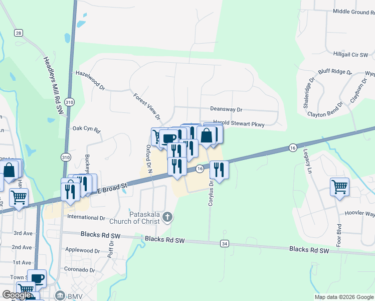 map of restaurants, bars, coffee shops, grocery stores, and more near 572 East Broad Street in Pataskala