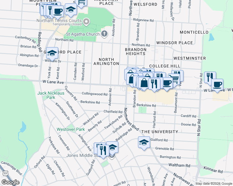 map of restaurants, bars, coffee shops, grocery stores, and more near 1848 Collingswood Road in Columbus