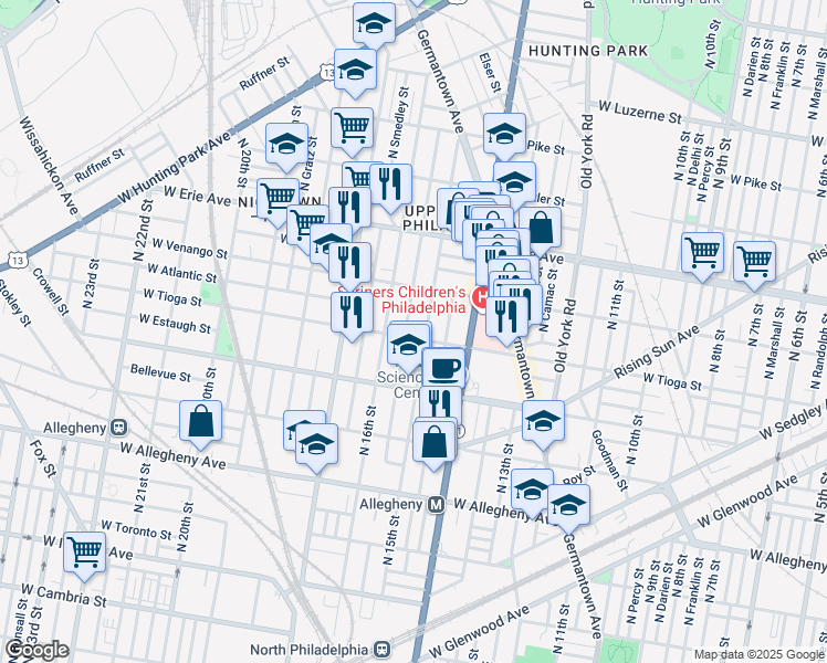 map of restaurants, bars, coffee shops, grocery stores, and more near 1511 West Tioga Street in Philadelphia