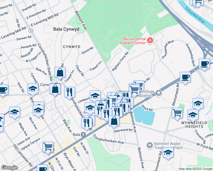 map of restaurants, bars, coffee shops, grocery stores, and more near 101 Minfford Road in Bala Cynwyd