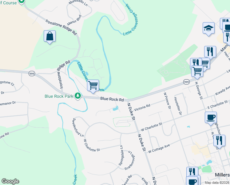 map of restaurants, bars, coffee shops, grocery stores, and more near 241 Blue Rock Road in Millersville