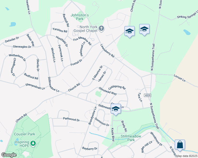 map of restaurants, bars, coffee shops, grocery stores, and more near 165 James Drive in York