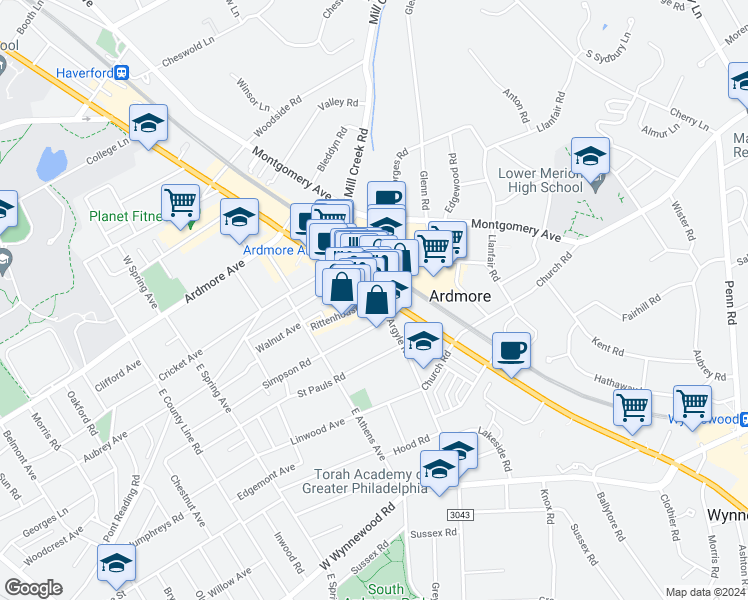 map of restaurants, bars, coffee shops, grocery stores, and more near 56 Lancaster Avenue in Ardmore