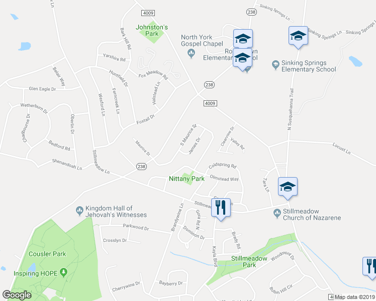 map of restaurants, bars, coffee shops, grocery stores, and more near 165 James Drive in York