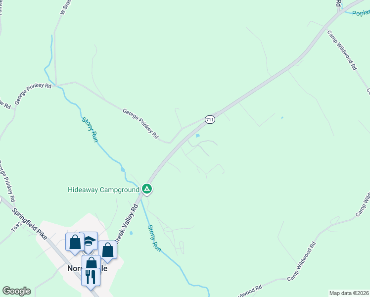 map of restaurants, bars, coffee shops, grocery stores, and more near 250 Indian Creek Valley Road in Normalville