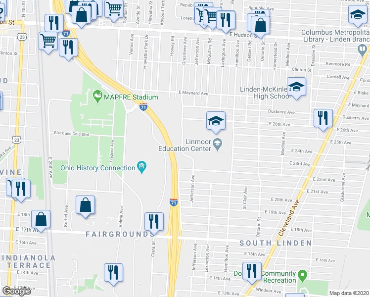 map of restaurants, bars, coffee shops, grocery stores, and more near 2034 Grasmere Avenue in Columbus