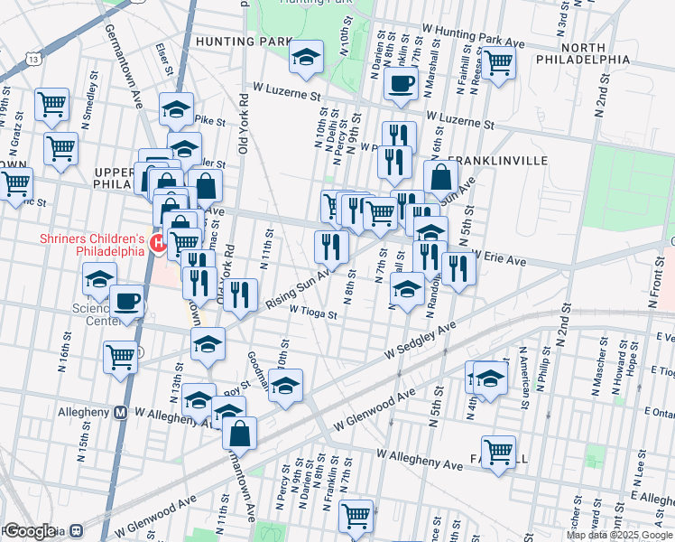 map of restaurants, bars, coffee shops, grocery stores, and more near 809 West Venango Street in Philadelphia